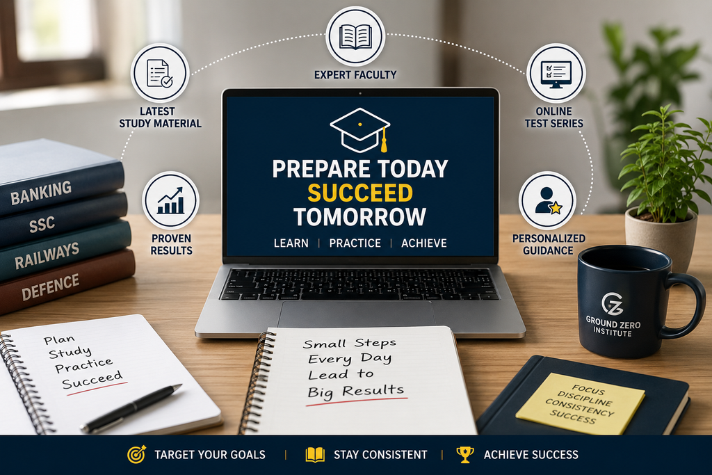 Ground Zero Institute-inspired educational study setup with a laptop, study materials, expert guidance, online tests, and success-focused learning messages.