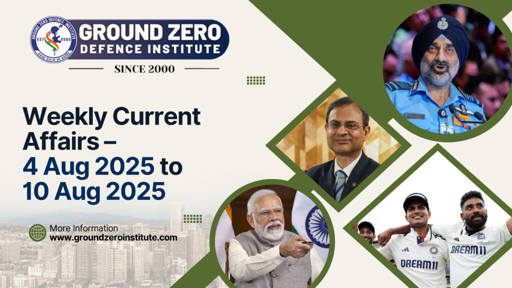 Weekly current affairs for 4–10 Aug 2025 covering politics, defence, economy, science & sports. Essential for NDA preparation, exams & SSB interviews.
